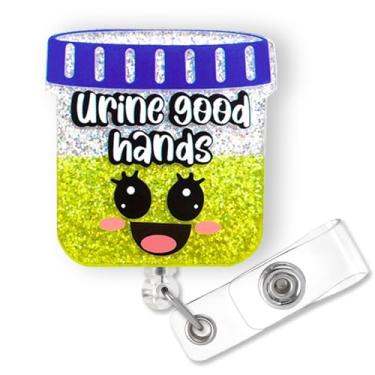 Imagem de Carretel de crachá engraçado de urina boas mãos retrátil para enfermeira de urologia, urologista e técnico de diálise, clipe de crachá de amostra de urina fofo, suporte de crachá de identificação de