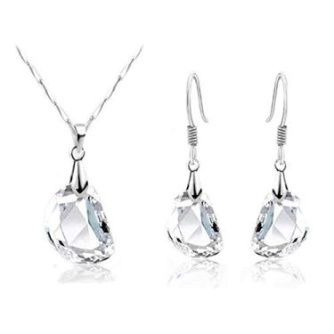 Imagem de RIZILIA Conjunto de joias com pingente em forma de ervilha transparente com corrente de 45,72 cm e brincos pendentes com corte especial cristal austríaco [topázio branco sintético] em ouro branco, simples moderno elegante, Metal, latão, Zircônia cúbica