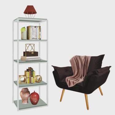 Imagem de Kit Poltrona Fatte com Manta Soft Salmão e Estante Livreiro Ferro Branco mdf Verde Oliva Suede Marrom - Ahazzo Móveis