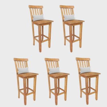 Imagem de Kit 05 Banqueta Alta Com Encosto Wood Madeira Maciça Peroba Rosa Com Almofada Suede Branco - Ahz Móveis