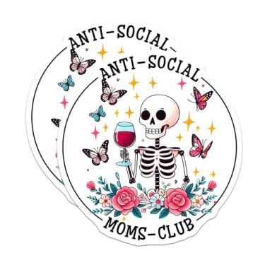 Imagem de (Pacote com 2) Adesivos Anti-Social Moms Club - Esqueleto segurando vinho - Decalque de vinil Funny Mom - 12,7 cm no lado mais longo - Cola em superfícies planas lisas - Feito nos EUA - BMCS9774