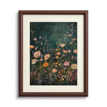 Imagem de InSimSea Arte de parede em tela emoldurada marrom, arte vintage pequena, 28 x 35 cm, impressões de pinturas de flores silvestres retrô, decoração de prateleira floral country para corredor de sala de