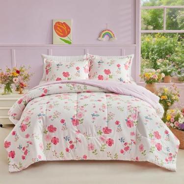 Imagem de Joyreap Conjunto de edredom de algodão floral de 3 peças para meninas, flores vermelhas em design branco, tamanho solteiro macio e aconchegante para todas as estações - 172 x 223 cm