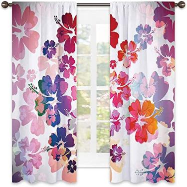 Imagem de Cortina com isolamento térmico havaiano, estampa de padrão de flores tropicais do Havaí com tema de ilha floral exótica, cortinas blackout com absorção de som para sala de jantar/decoração de festa, L