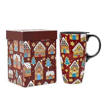 Imagem de Topadorn Caneca de café de cerâmica copo de viagem presente com tampa 500 ml, xícara de chá alta de porcelana com alça para casa e escritório, caneca de padrão de arte de pão de gengibre de Natal em