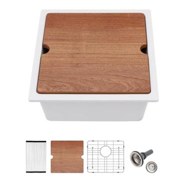 Imagem de Lofeyo Pia de cozinha de 45,7 cm x 45,7 cm para estação de trabalho composta de granito pequena pia de granito de quartzo moderno sob a borda do balcão tigela única pia profunda