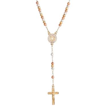 Imagem de HELLOWIN Colar feminino com crucifixo banhado a ouro rosa com contas de rosário Y, Regular Size, Latão, Sem Pedra Preciosa