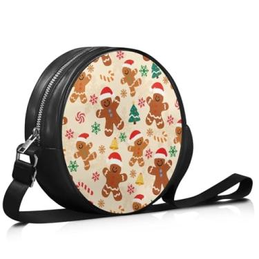 Imagem de Coldinair Bolsa de ombro feminina com pata de cachorro, bolsa tiracolo de couro, bolsa transversal circular, bolsa pequena, Pão de gengibre masculino de Natal