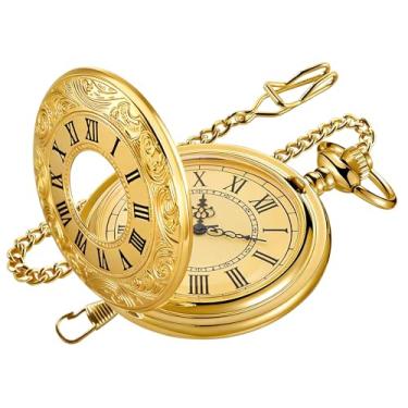 Imagem de Realpoo Relógio de bolso masculino de quartzo coberto romano dourado, numerais arábicos luminosos, mostrador preto, relógio de bolso com corrente