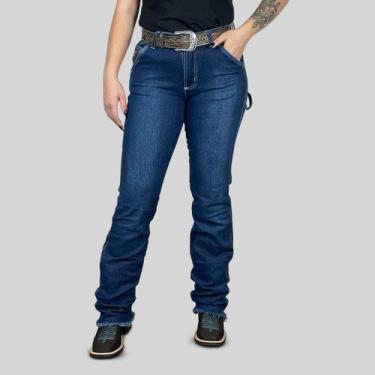 Imagem de Calça Jeans Carpinteira Feminina Cós Alto Larga Bolso Faca - Os Boiade