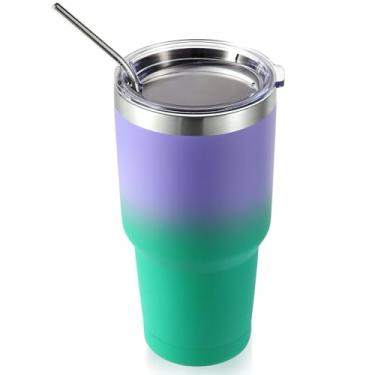 Imagem de Volhoply Caneca isolante de 900 ml com tampa e canudo, caneca de café de viagem de parede dupla para bebidas quentes/frias, cabe no porta-copos de carro, sem BPA (roxo-verde, 1
