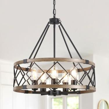 Imagem de Lustres de fazenda de 50 cm para sala de jantar, lustre rústico de textura de madeira metálica de 5 luzes, lustre de tambor luminária suspensa para hall de entrada, quarto, sala de estar, entrada