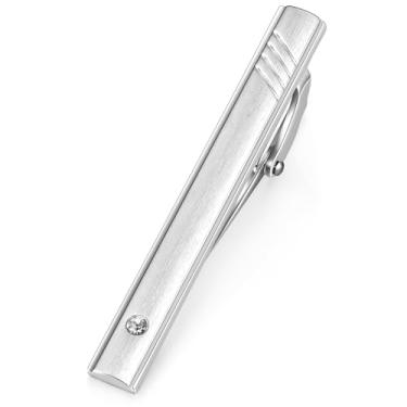 Imagem de HONEY BEAR Barra de prendedor de gravata masculina de 5,4 cm com cristal para gravata de tamanho normal, presente de casamento de negócios, 5,5 cm, Prata escovada, 5.5cm