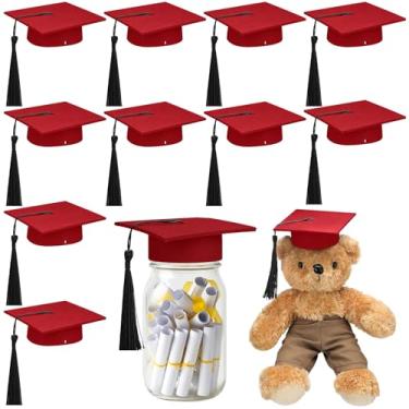 Imagem de Foilswirl 12 peças mini boné de formatura com borla, mini pote de pedreiro de pelúcia pequeno animal chapéu de solteiro adereço de foto fonte de festa (vermelho e preto, 11 x 11 cm)