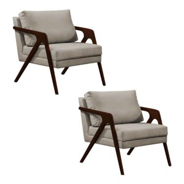 Imagem de Conjunto 2 Poltronas Sala De Estar Monique Madeira Castanho Bege Veludo