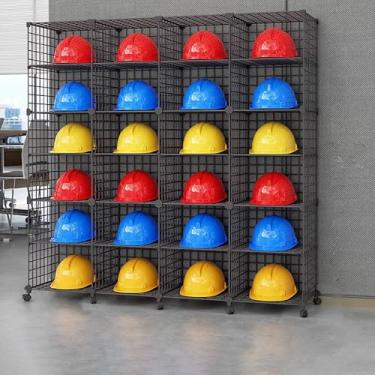 Imagem de Caixa de armazenamento empilhável para capacetes rígidos com rodas - Prateleira de exibição ajustável no chão para construção, garagem, oficina, fábrica (24 grades, 6 camadas) - Organizador de