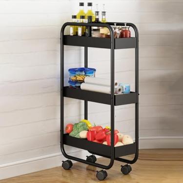 Imagem de Carrinho de armazenamento com rodinhas de 3 camadas para cozinha e banheiro, carrinho utilitário de metal multifuncional com rodas, organizador de prateleiras móveis, preto, solução versátil e