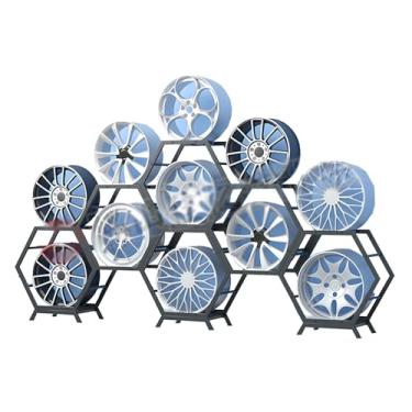 Imagem de Rack de exibição de aro de pneu empilhável resistente, organizador de armazenamento de pneus, prateleiras de roda de aço para garagem, suporte de cubo de carro, suporte vertical de pneu (estilo 4-B)