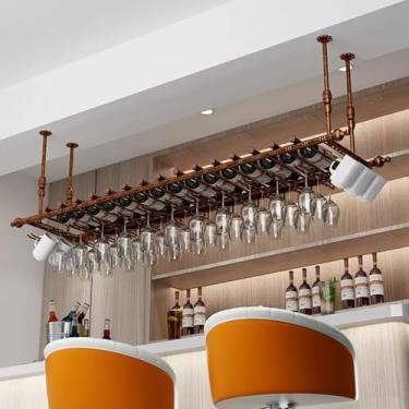 Imagem de Prateleiras de garrafas de vinho de café para pendurar em bar, prateleiras de teto modernas e elegantes para exibição doméstica, suporte de vidro de garrafa de vinho montado na parede de metal