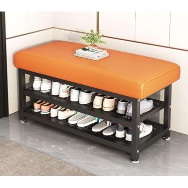 Imagem de Banco de entrada, banco de armazenamento de metal preto, banco de corredor com armazenamento e assento, banco de sapateira para espaços pequenos (cor: laranja)