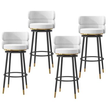 Imagem de Conjunto de bancos de bar estofados de veludo de 4,65 cm, banquetas giratórias com apoio para os pés e pernas de metal preto, bancos de jantar estofados de café da manhã com encosto alto, branco