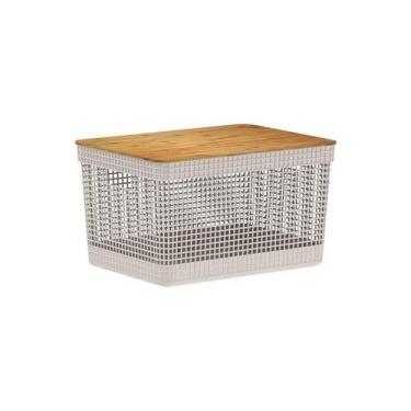Imagem de Cesto organizador Ou 20L com tampa de bambu Linha Grid, Bege