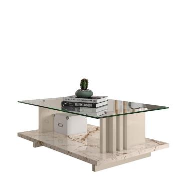 Imagem de Mesa de Centro Frizz Retangular Vidro MDP 90cm Calacata-off White Madetec Móveis