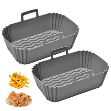 Imagem de Pacote com 2 potes de silicone para fritadeira de ar com alça reutilizável forro para fritadeira a ar resistente ao calor cesta de silicone retangular assadeira air fryer acessórios forros para air fryer forno micro-ondas (cinza)
