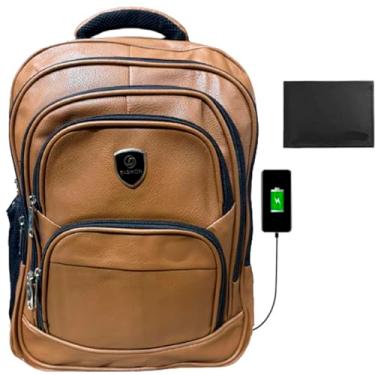 Imagem de Mochila Masculina Couro Reforçada Bolsa Notebook Impermeável Executiva com USB e carteira de couro legítimo (CARAMELO)