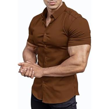 Imagem de EOUOSS Camisa social masculina com ajuste musculoso, elástica, justa, manga curta, casual, abotoada, Marrom, GG