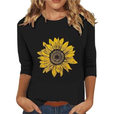 Imagem de Camisetas femininas com estampa floral, manga 3/4, gola redonda, soltas, casuais, ioga, trabalho, Preto, 3G