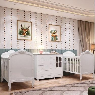 Imagem de Quarto de Bebê Cômoda com Janelas e 2 Berços Maya Clássico 100% Mdf Espresso Móveis Branco Brilho/Branco
