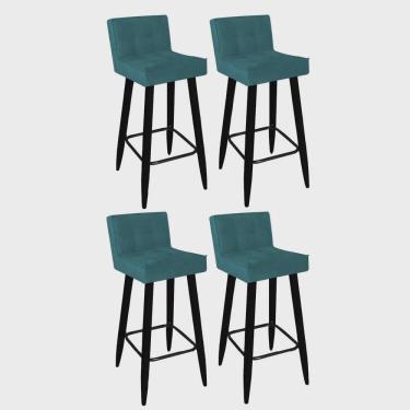 Imagem de Kit 04 Banqueta Alta Lucy Com Encosto Cozinha Bar Balcão Bistrô Pé Palito Preto Suede Azul Turquesa - Ahz Móveis