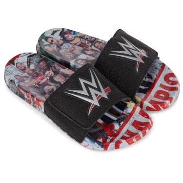 Imagem de WWE Sandálias de cinto masculinas Championship - John Cena, Roman Reigns, Seth Rollins World Wrestling Champion Belt Slip On, Preto, 39