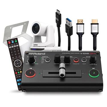 Imagem de Pacote de câmera única Roland PTZ QHHPONM com mixador de vídeo V-02HD MK II e câmera AViPAS AV-2020 20x PTZ, branco