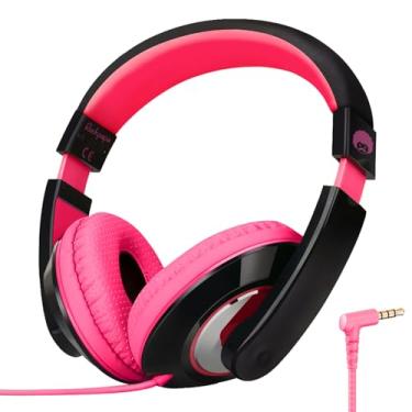 Imagem de rockpapa Fones de ouvido infantis confortáveis para escola, leves, para crianças, meninos, meninas, adolescentes, 3,5 mm, para leitor de CD, DVD, tablet, telefone, viagem, preto/rosa