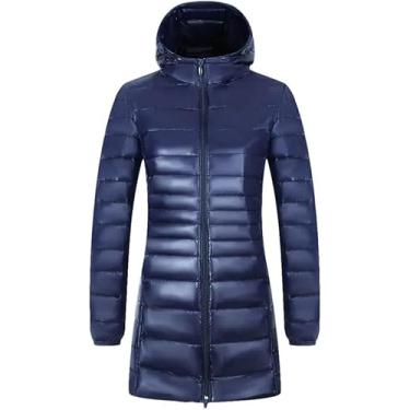 Imagem de Jaqueta De Penas Para Mulheres Inverno Quente Longa Jaqueta De Pato Branco Claro Com Capuz Portátil Para Mulheres, Navy Blue, 4XL