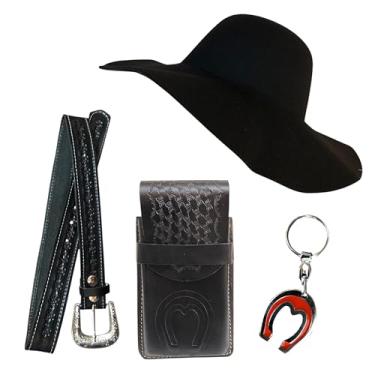 Imagem de Kit Chapéu Cata Ovo com Cinto Couro Capa Celular e Chaveiro Preto (110cm / Tam 40 e 42)