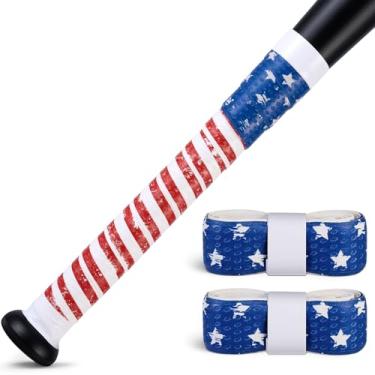 Imagem de 2 peças de fita adesiva de taco de beisebol com bandeira americana para beisebol/softbol, substituição de aderência de taco de beisebol pré-cortada e totalmente adesiva de 1,5 mm, fita antiderrapante