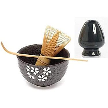 Imagem de QLDFX Tigela de Matcha tradicional Matcha kit batedora de madeira natural colher Ceremic Matcha Bowl batedora japonesa presente conjunto de chá Matcha Bowl conjunto de chá (4 peças)