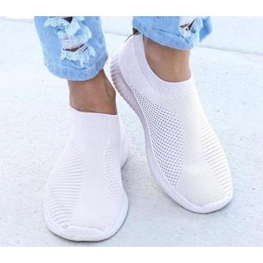 Imagem de Tênis de caminhada feminino, leve, atlético, casual, academia, sem cadarço, Branco, 36