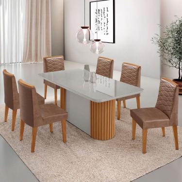 Imagem de Conjunto Mesa Jantar Aspen Tampo Mdf Vidro 6 Cadeiras Eloise Moderna Tork Off White Naturale