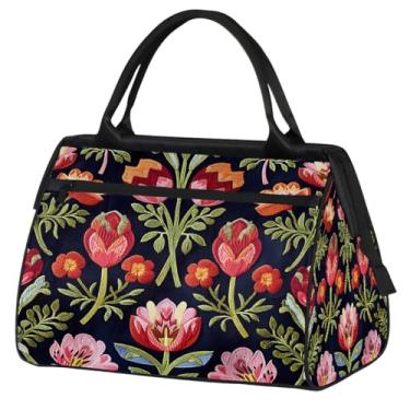 Imagem de Bolsa pequena de fim de semana para mulheres, bolsa de ginástica Foldie de lona, compacta, bolsa de transporte, esportiva, viagem, noite do pijama, hospital para viagem, bagagem, Flor floral vermelha