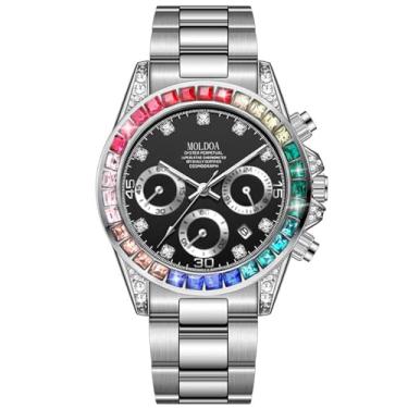 Imagem de DAXIAOYU Relógio masculino hip hop diamante completo strass negócios masculino à prova d'água quartzo relógio de pulso cronógrafo pulseira ouro, Prata