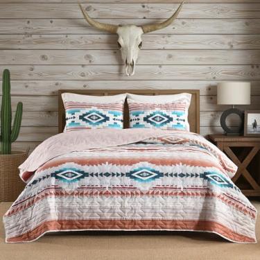 Imagem de HORIMOTE HOME Conjunto de colcha asteca do sudoeste queen/casal - colcha de cama com estampa geométrica tribal de 3 peças com 2 fronhas, conjunto de cama rústico boho para todas as estações (terracota