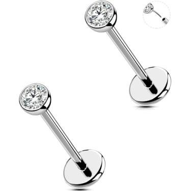 Imagem de MS CUTE 2 peças 20G/18G/16G Brincos de nariz sem rosca com costas planas aço cirúrgico 316L CZ Daity Nose Helix Cartilage Tragus Conch Labret Medusa Monroe piercing joias para mulheres e homens, 18g