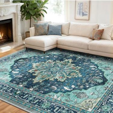 Imagem de RELEANY Area Rugs 20 x 25 cm lavável aspirador de pó, antiderrapante, floral, vintage, estampa de angústia, tapete medalhão para sala de estar, quarto, verde-petróleo, azul lago azul turquesa