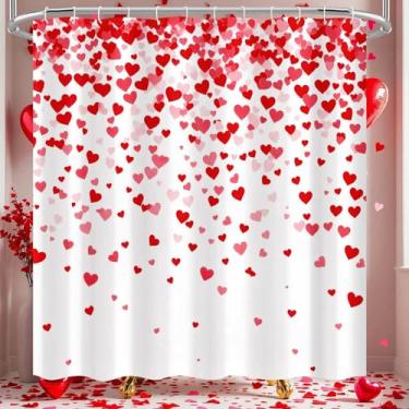 Imagem de Cortina de chuveiro com corações de Dia dos Namorados, Corações Aquarela Vermelha Caindo Tecido Acessórios de Banheiro, Cortinas de Chuveiro de Tecido Minimalista Moderno para Decoração de Banheiro
