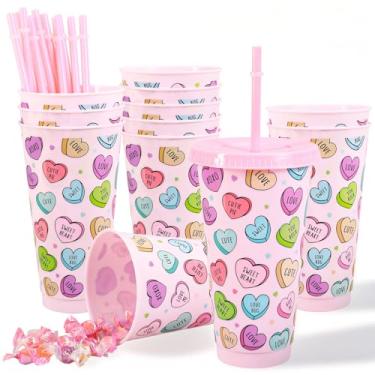 Imagem de Whaline 12 peças de copos de plástico coração dia dos namorados com tampas canudos, copos reutilizáveis 680 g conversação coração doce caneca copos de viagem para café gelado bebidas suprimentos de