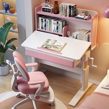 Imagem de Yadlan Mesa de estudo com gavetas em ambos os lados, altura ajustável e inclinada de 0 a 60°, mesa infantil com estante para crianças de 5 a 12 anos, mesa de escrita para espaços pequenos rosa 90 cm